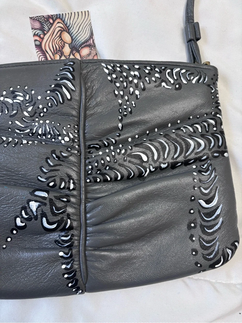 Hand-Painted Grey Leather Crossbody Bag